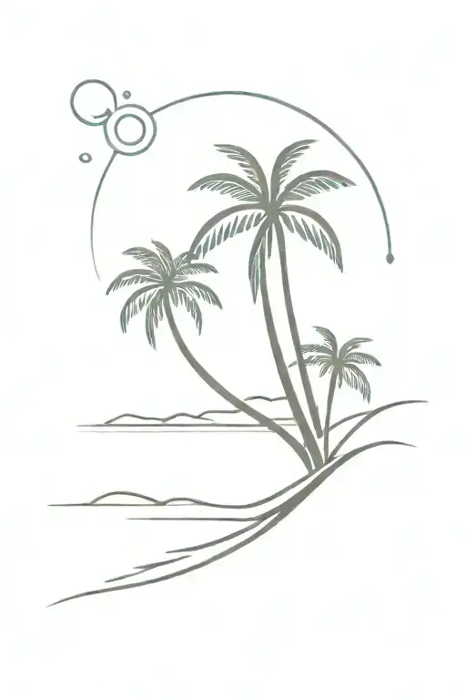 ocean with sand with palm tree coming out of it with a sun above shining rays down tattoo design idea