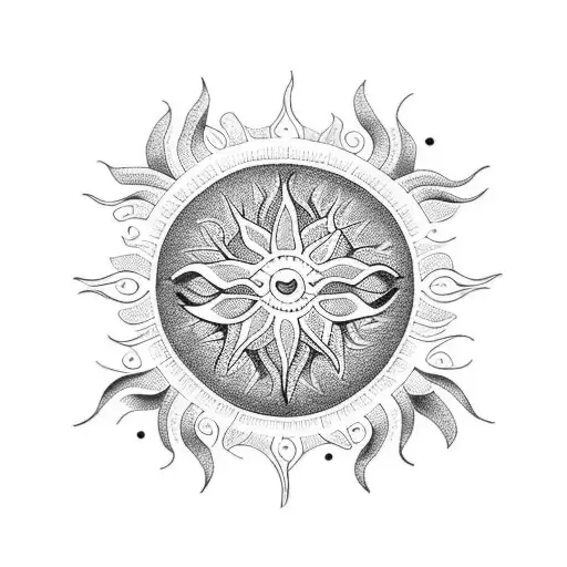 A dotwork tattoo of a sun with intricate patterns inspired by floral motifs, representing the astrologist's connection to nature tattoo design idea