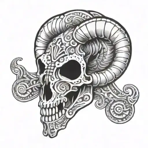 A traditional Mexican ram skull adorned with intricate truck engine parts tattoo design idea
