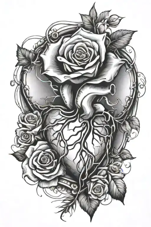 broken heart stiched together with rose surrounded tattoo design idea