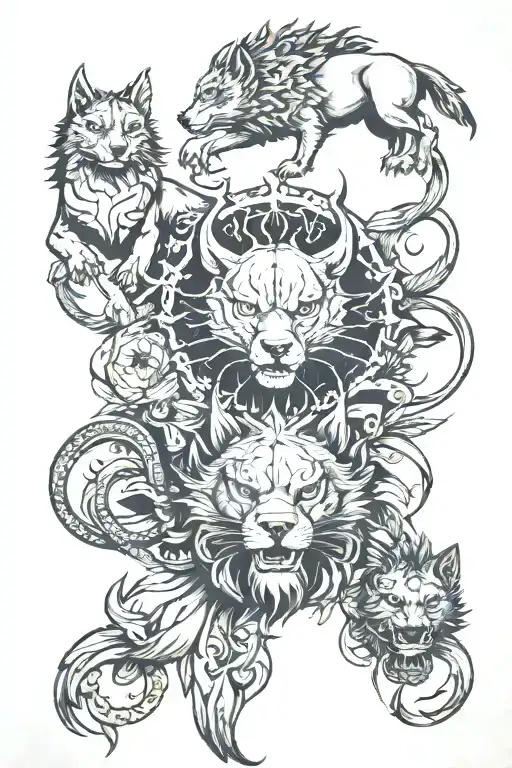 crab and wolf and lion tattoo design idea