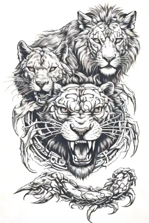 crab and wolf and lion tattoo design idea