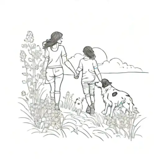 A mother holding her child's hand, walking through a field of wildflowers, with their Australian shepherd running ahead of them, all in a sketch style tattoo design idea