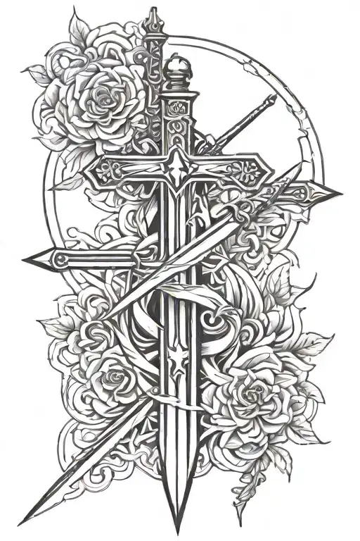 cross and sword embedded tattoo design idea