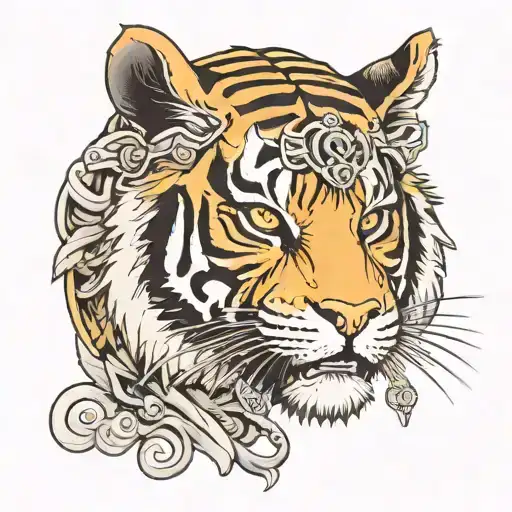 Tiger head with samurai helm in a japanese design  tattoo design idea