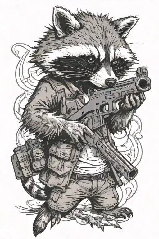 aggressive anime style raccoon shoots a gun tattoo design idea