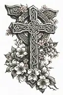 Celtic cross wrapped in cherry blossom branch tattoo design idea