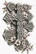 Celtic cross wrapped in cherry blossom branch tattoo design idea