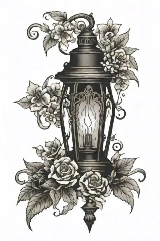 A black lantern entwined in  flowers. tattoo design idea