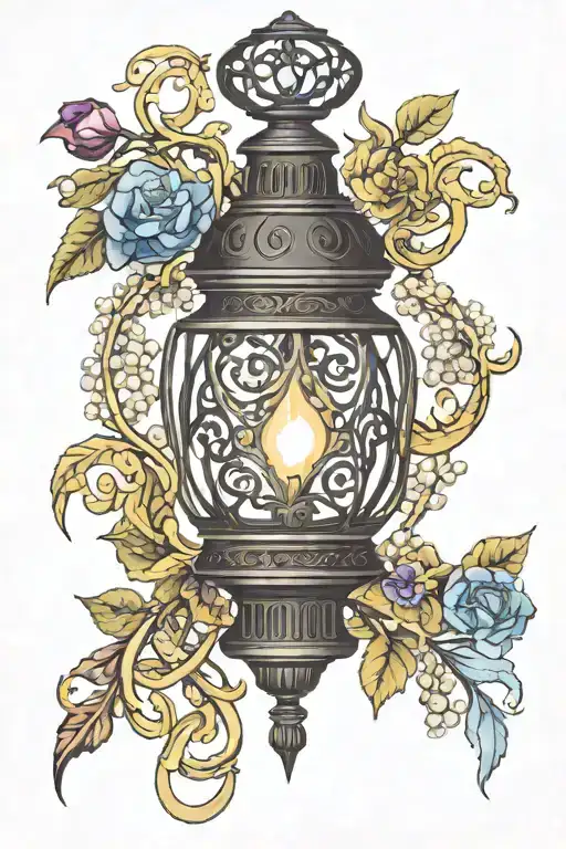 A black lantern with an alexandrite crystal replacing the flame. The lantern is entwined with pearls, moonstones and sur tattoo design idea