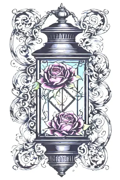 A black lantern with an alexandrite crystal replacing the flame. The lantern is entwined with pearls, moonstones and sur tattoo design idea