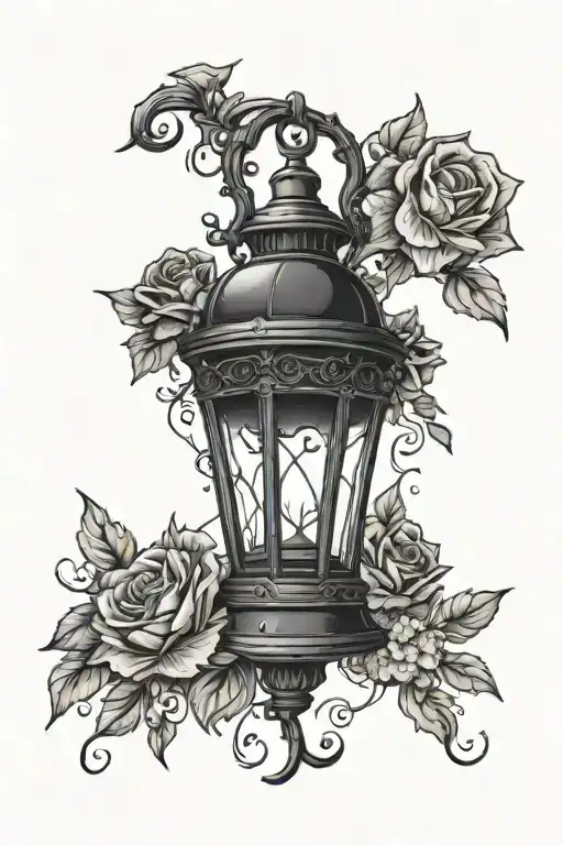 A black lantern entwined in  flowers. tattoo design idea