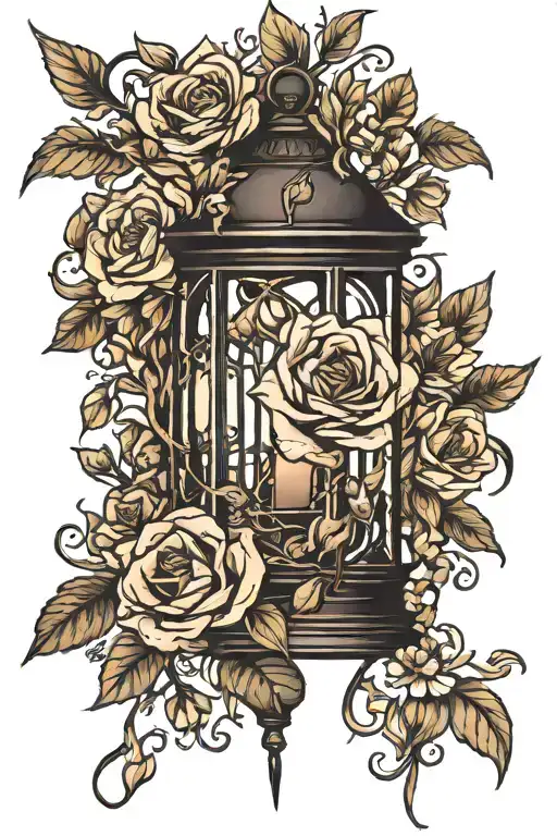 A black lantern entwined in  flowers. tattoo design idea