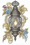 A black lantern with an alexandrite crystal replacing the flame. The lantern is entwined with pearls, moonstones and sur tattoo design idea