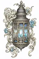 A black lantern with an alexandrite crystal replacing the flame. The lantern is entwined with pearls, moonstones and sur tattoo design idea