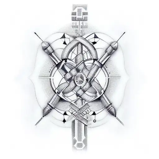 guerreiro realista segurando um arco e flecha, de fundo figura geometricas em forma de dna, com a frase "‭‭Salmos‬ ‭127: tattoo design idea