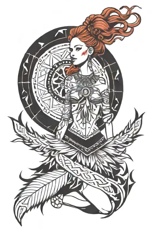 the girl is in the sign of vegvisir the girl has red hair and she has a tutu in Scandinavian style and on her hand is vegvisir tattoo design idea
