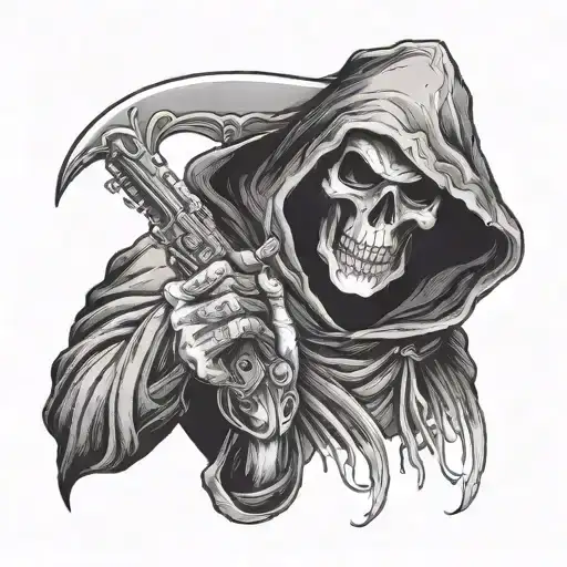 Grim reaper holding a smoking gun tattoo design idea
