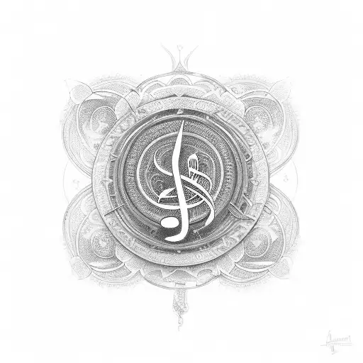 An intricate tattoo design combining musical notes and lucky symbols, representing the client's passion for music and belief in fate tattoo design idea