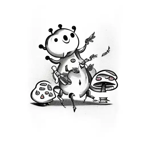 A traditional style tattoo of a mischievous cartoon bug playing a prank on a group of mushrooms tattoo design idea