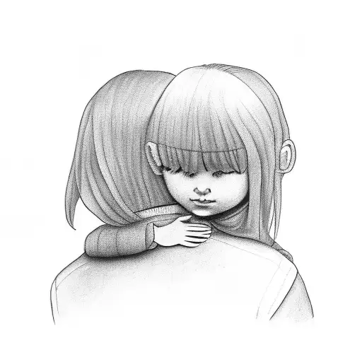 old school painting of a kid and his mom hugging in a corridor  tattoo design idea