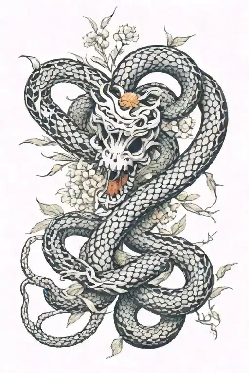 The hydra snake is half alive, half skeleton, intertwined with ears of wheat, vanilla flowers. tattoo design idea