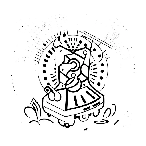 A vibrant Jamaican music scene with a DJ spinning records and people dancing in the background tattoo design idea