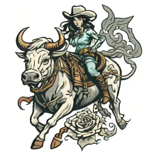 cowgirl riding a bull tattoo design idea