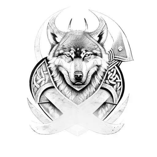 A fierce Viking warrior with a wolf companion, standing in front of a thunderous Thor's hammer tattoo design idea