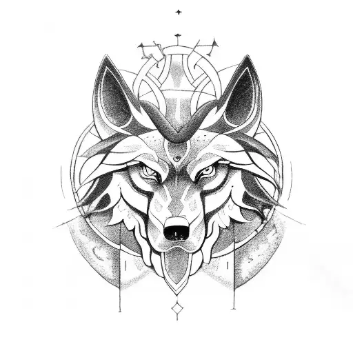 A mystical depiction of Fenrir, the giant wolf from Norse mythology, entwined with Thor's hammer and surrounded by Nordic patterns tattoo design idea