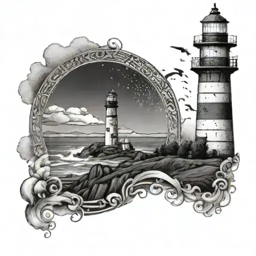 A lighthouse symbolizing guidance and protection for the first born child with a father and son standing next to it tattoo design idea