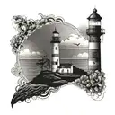 A lighthouse symbolizing guidance and protection for the first born child with a father and son standing next to it tattoo design idea