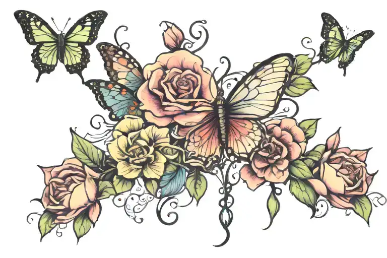 roses, orchids, veins running, 3 buterflies,  tattoo design idea