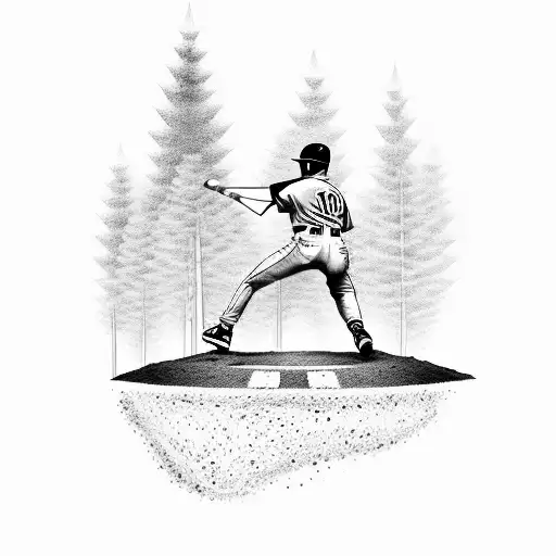 A dotwork tattoo of a baseball player sliding into home plate surrounded by trees tattoo design idea