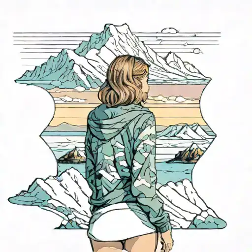 girl overlooking ocean and mountains in snow, she is sad and overlooking away from the foreground tattoo design idea