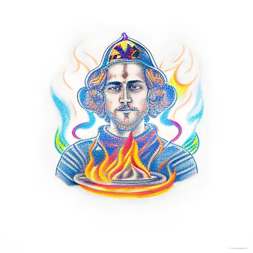 A new-school tattoo of St. Florian surrounded by vibrant flames and fire tattoo design idea