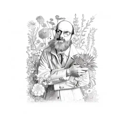 A whimsical sketch of a veterinarian surrounded by a garden of medicinal herbs and flowers tattoo design idea