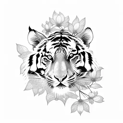 A stoic tiger resting under a tree adorned with delicate cherry blossoms, embodying strength and tranquility tattoo design idea