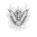 A mystical phoenix emerging from a bed of vibrant tropical flowers, symbolizing rebirth and beauty tattoo design idea