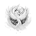 A mystical phoenix emerging from a bed of vibrant tropical flowers, symbolizing rebirth and beauty tattoo design idea