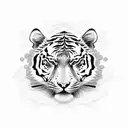 A stoic tiger resting under a tree adorned with delicate cherry blossoms, embodying strength and tranquility tattoo design idea