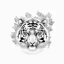 A stoic tiger resting under a tree adorned with delicate cherry blossoms, embodying strength and tranquility tattoo design idea