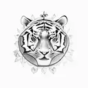 A stoic tiger resting under a tree adorned with delicate cherry blossoms, embodying strength and tranquility tattoo design idea