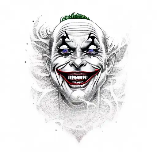 A dotwork tattoo of the Joker laughing maniacally tattoo design idea