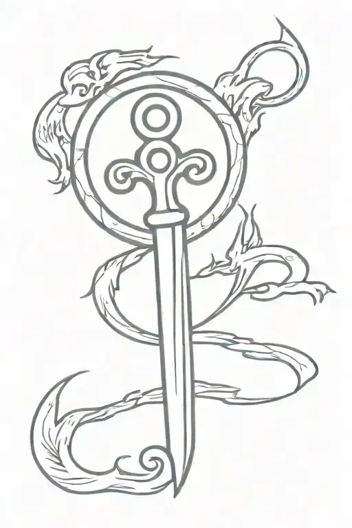 old skeleton key shaped like a dagger with flames for its handle piercing the triple moon symbol tattoo design idea