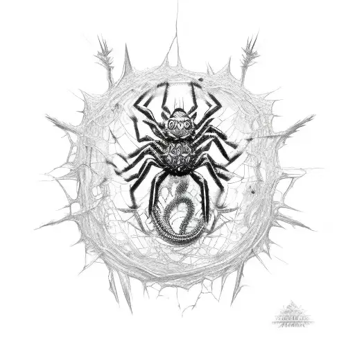 Tangled spiderweb dragon spikes shattered glass, blood drop and jewels tattoo design idea