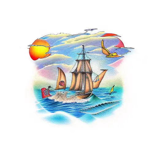 ocean scene with sunset, palm tree, mahi mahi and key west gps coordinates tattoo design idea