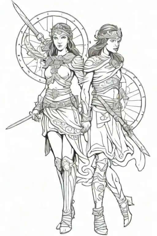 represent a warrior woman who guides a child who still does not understand the difference between good and evil tattoo design idea