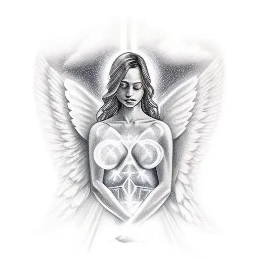 angel Halo with rays of lights and clouds on shoulder coming onto chest tattoo design idea