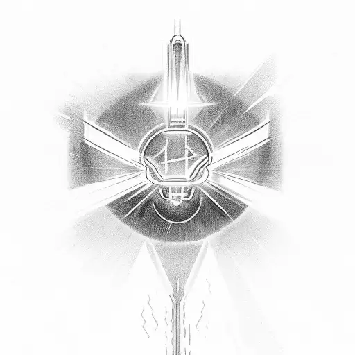 Halo with rays of lights going into clouds roses and a cross tattoo design idea